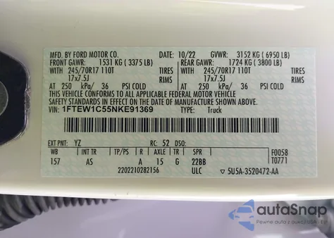 2022 Ford F-150 Xl из США, поврежденный, VIN 1FTEW1C55NKE91369